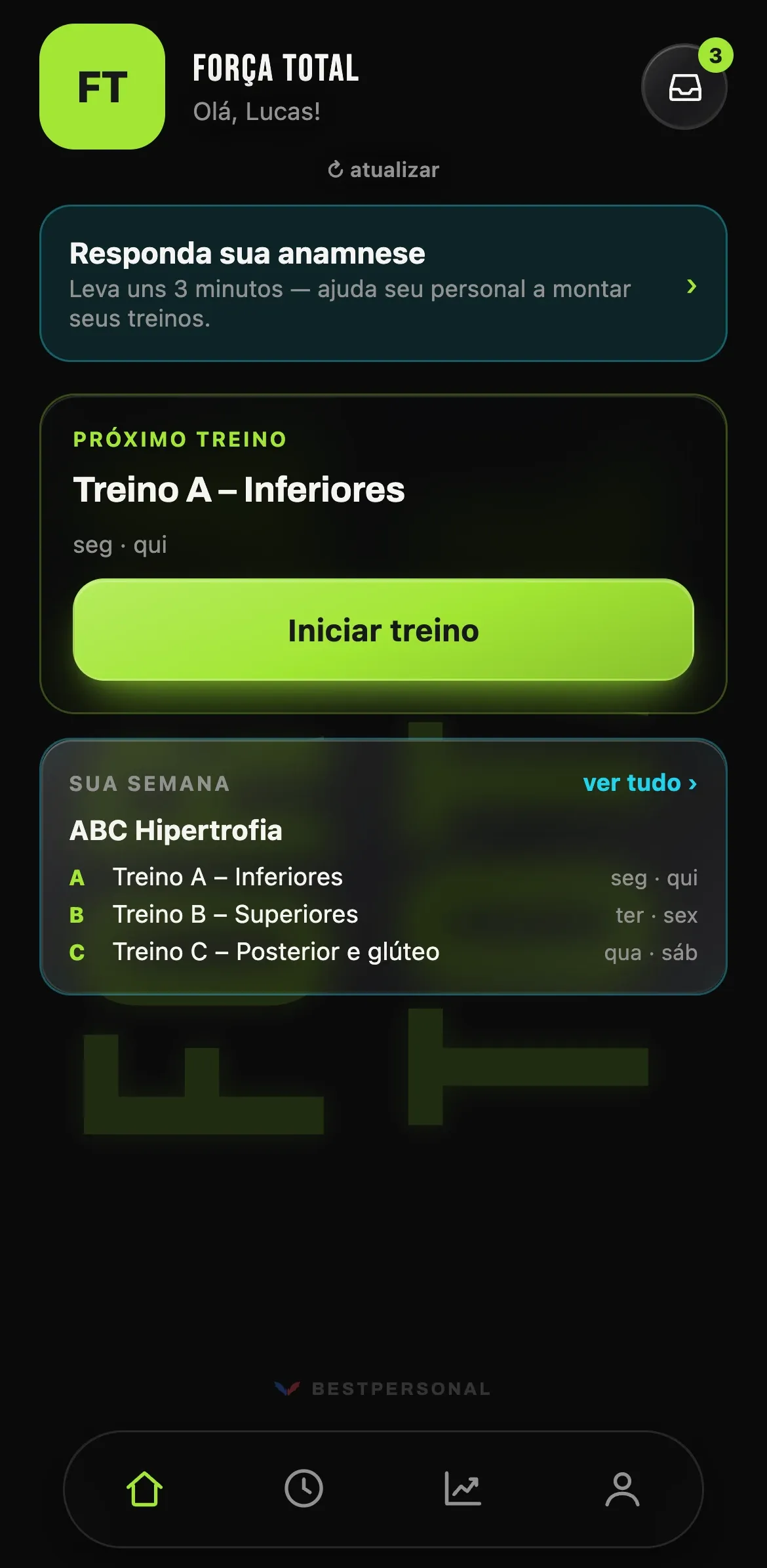 A mesma tela inicial com a marca "Força Total": fundo preto e botões em verde-limão.